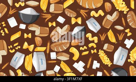 Flache Vektorillustration von verschiedenen Brotsorten, Nudeln und Mehl auf braunem Hintergrund. Stock Vektor