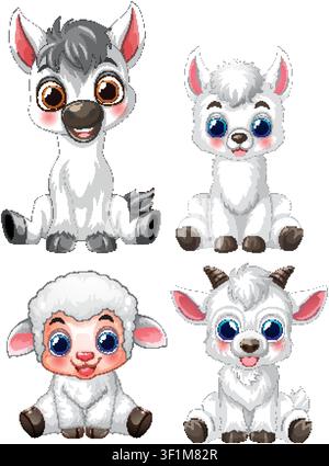 Vier entzückende weiße Babytiere, die in einem sauberen Vektorstil auf weißem Hintergrund sitzen. Stock Vektor