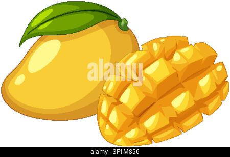 Flache Vektorillustration einer ganzen gelben Mango mit Blatt und gewürfelten Fruchtwürfeln Stock Vektor
