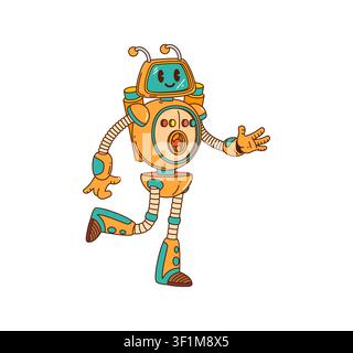 Orange laufender Roboter-Cartoon, groovy Charakter Stock Vektor