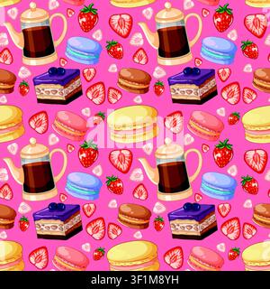 Nahtlose Vektorillustration von Kaffeekannen, geschichteten Kuchen, Macarons und Erdbeeren auf rosa Hintergrund. Stock Vektor