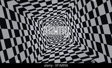 Das Bild zeigt ein spiralförmiges Muster aus schwarzen und weißen Quadraten. Das Design erzeugt ein Gefühl von Tiefe und Bewegung in einer statischen Form, mit Fokus auf Geo Stockfoto