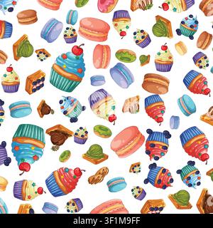 Lebendige nahtlose Vektorillustration verschiedener Desserts, darunter Cupcakes, Macarons und Waffeln auf weißem Hintergrund. Stock Vektor