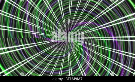 Ein spiralförmiges Muster, gefüllt mit grünen und lila Linien, die von der Mitte nach außen strahlen. Das Design erzeugt einen lebendigen, dynamischen Effekt, der für Vario geeignet ist Stockfoto