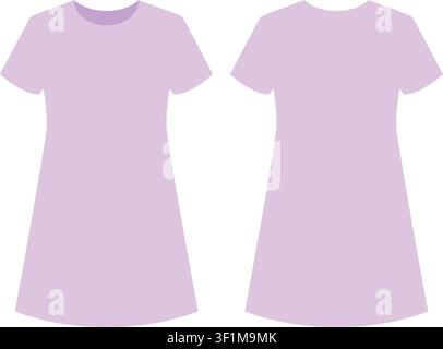 Minimalistischer Flat-Design-Vektor, der Vorder- und Rückansicht eines lila T-Shirt-Kleides zeigt. Stock Vektor