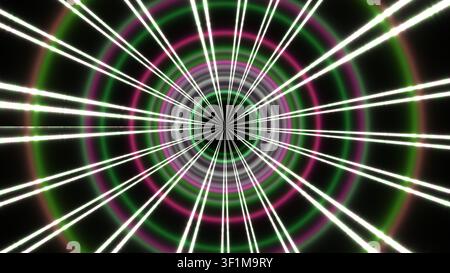 Kreisförmiges Spiraldesign mit hellen Linien in Grüntönen und Rosatönen. Die Komposition erzeugt ein Gefühl von Tiefe und dynamischer Energie auf einem dunklen Hintergrund Stockfoto