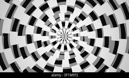 Ein Muster zeigt eine Spirale aus abwechselnd schwarzen und grauen Quadraten, die nach außen strahlen. Das Design hat eine starke geometrische Struktur und Kontrast in Stockfoto
