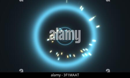 Dieses Design zeigt eine kreisförmige Anordnung von leuchtenden Lichtern in verschiedenen Blautönen und Gelbtönen. Die Lichter erzeugen einen dynamischen visuellen Effekt, geeignet Stockfoto