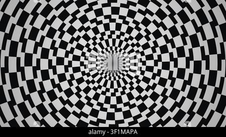 Ein kariertes Spiralmuster zeigt abwechselnd schwarze und weiße Quadrate. Das Design zieht das Auge zur Mitte und erzeugt einen faszinierenden visuellen Effekt Stockfoto