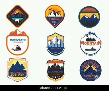 Vintage-Badge-Sammlung für Bergabenteuer und Waldcamping. Berggipfel-, Zeltemblem- und Kanuaufkleber-Vektorset. Stock Vektor