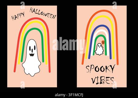 Fröhliches Halloween- und gruseliges Vibes-Kartenmuster-Set. Niedliches Geister- und farbenfrohes Regenbogen-Grafiklayout. Stock Vektor