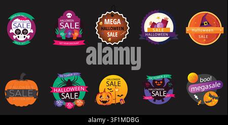 Mega-Halloween-Rabatt-Schilder- und Etikett-Sammlung Vektor-Set. Gruselige Totenkopf-, Hexenhut- und Katzen-Promo-Grafiken. Stock Vektor
