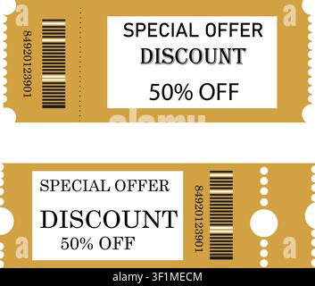Sonderangebot-Rabattgutschein-Vorlagensatz. Goldenes 50-Prozent-Rabatt-Einkaufsgutschein-Ticket-Grafik mit Barcode-Design. Stock Vektor