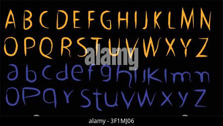 Gruseliges orangefarbenes und violettes Horror-Alphabet-Vektorset mit gruseligen handgezeichneten, kratzigen Schriftbuchstaben isoliert auf schwarzem Hintergrund. Stock Vektor
