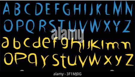 Gruseliges blaues und gelbes Horror-Alphabet-Vektor-Set mit gruseligen handgezeichneten, kratzigen Schriftbuchstaben isoliert auf schwarzem Hintergrund. Stock Vektor