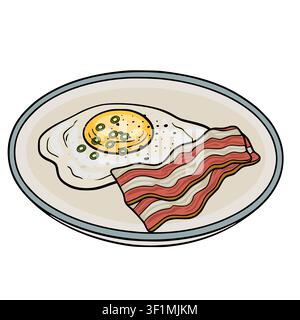 Vektorillustration eines Sunny-Side-Up-Frischeis mit knusprigen Baconstreifen auf einem Teller Stock Vektor