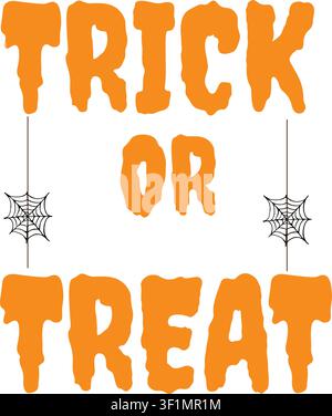 Trick or Treat orangefarbener Text mit Spinnweben auf Weiß Stock Vektor