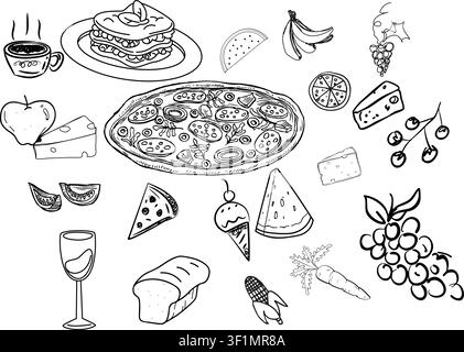 Italienisches Essen und Obst Doodles handgezeichnetes Vektorset Stock Vektor