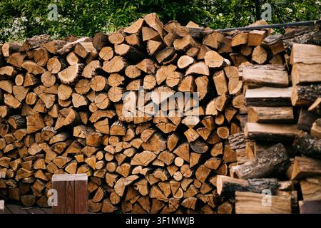 Rustike Stapel von geschnittenen Feuerholzblöcken, ordentlich im Frühlingsgarten aufgeschichtet, mit frischem grünen Laub im Hintergrund, natürlicher Textur und gemütlicher ländlicher Atmosphäre Stockfoto