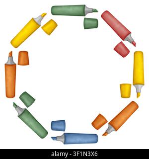 Aquarell handgezeichneter runder Rahmen mit bunten Textmarkern und Stiften. Büromaterial-Rand für Back-to-School-Design, September-1-Karte, Lehr Stockfoto