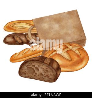 Aquarellillustration mit Brot in einer Papiertüte, umgeben von verschiedenen Broten, Brötchen und Gebäck. Perfekt für das Branding von Bäckern, das Menü, die Lebensmittelverpackung Stockfoto