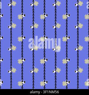 Vintage-Kettenglied-Muster ohne Naht mit Blumen und Herzanhängern auf blauem Hintergrund. Stockfoto