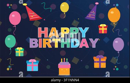 Alles Gute zum Geburtstag Buntes Vektor-Textdesign mit Geburtstagstorte, Geschenkkartons, Partyhüten und Luftballons. Festbanner, Glückwunschkarte oder Einladung Stock Vektor