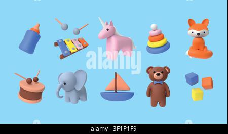 3D-Babyspielzeug. Realistisches Kinderzimmer mit kindlichem Fuchs, Kinderstuben-Tier, lustiger Bär und Elefant. Einhorn für den Spielplatz. Xylophon und Trommel. Vektor niedliche Cartoon-Darstellung isoliert farbenfrohe Illustration Stock Vektor