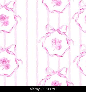 Aquarell nahtloses Muster mit eleganten rosa Rosen, eingerahmt von Bändern und weichen vertikalen Streifen. Romantischer floraler Hintergrund für Babytextilien, Hochzeit Stockfoto