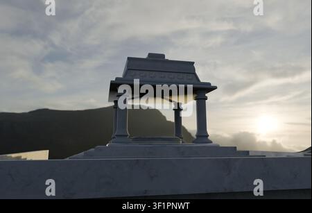 Realistisches 3D-Modell eines antiken minoischen Tempels mit Hochrelief-Ornamenten auf einem Hügel. Stockfoto