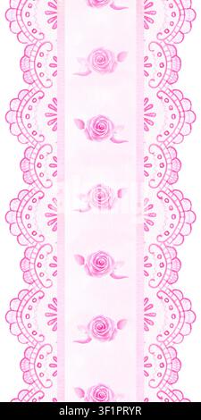Aquarell-nahtlose vertikale Bordüre mit zarter rosa Spitze und Rosen. Romantische dekorative Zierleiste auf weißem Hintergrund für Hochzeitsstationäre Stockfoto