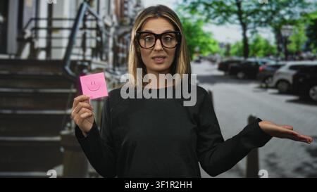 Frau mit rosafarbenem Haftnotiz mit einem Lächeln und einer Handbewegung auf der Straße in der Nähe geparkter Autos und einer Metalltreppe; Unsicherheit. Stockfoto