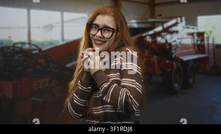Rothaarige Frau, die Hände umklammert und mit einer Brille lächelt, Hände und Zähne zeigt, von roten Landmaschinen in einem Gebäude posiert; zufriedene Wärme. Stockfoto
