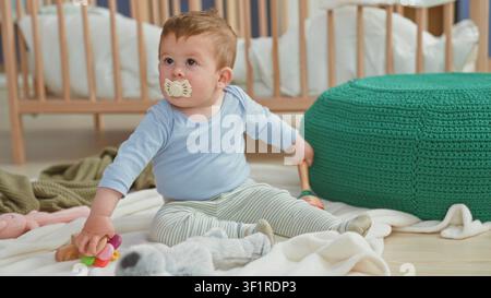 Kleiner Junge hält ein farbenfrohes Ringspielzeug mit Schnuller im Mund, während er auf einer Decke in der Nähe des Kinderbetts im Kinderzimmer sitzt; Neugierde Komfort. Stockfoto