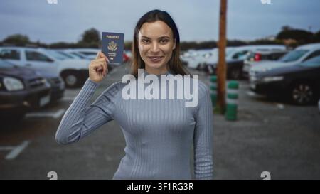 Frau lächelt und hält Pass auf einer Straße mit geparkten Autos auf einem Parkplatz in der Nähe einer Stange und nassem Asphalt; Reisesolz. Stockfoto