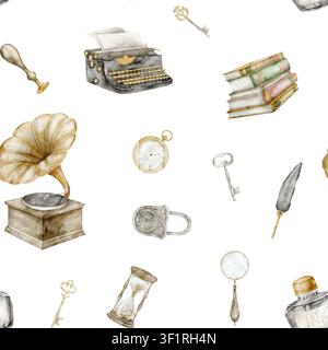 Vintage-Aquarell-Muster ohne Naht mit Grammophon, Büchern, Schreibmaschine, Lupe, Schlüsseln und antiken Accessoires. Illustration eines Hintergrunds für Stoff Stockfoto