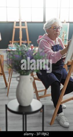 Malerin malt Leinwand mit Pinsel, trägt Schürze und Brille, Hand auf Staffelei im Kunststudio; Gelassenheit Kreativität. Stockfoto