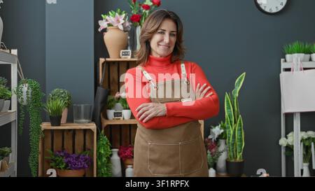 Blumenhändlerin in Schürze steht mit verschränkten Armen, Hände sichtbar zwischen Topfpflanzen auf Kisten im Studio; Selbstvertrauen. Stockfoto