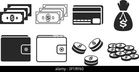 Eine umfassende Sammlung von Schwarz-Weiß-Finanzen-Icons mit Papiergeld, Kreditkarten, Geldbörsen und Münzstapel für Business-Design-Projekte Stock Vektor