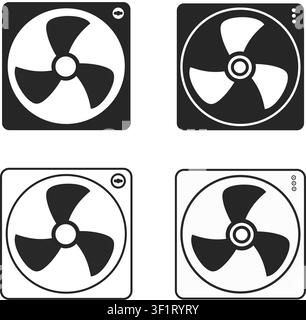 Professionelle Sammlung von vier Abluftventilator-Symbolen in Schwarz-Weiß-Stilen. Perfekt für technische Diagramme, Lüftungssysteme und industrielles Design Stock Vektor