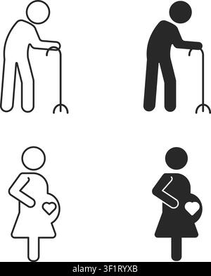 Ein Satz Vektorsymbole mit einer älteren Person mit Gehstock und einer schwangeren Frau. Ideal für öffentliche Verkehrsmittel, medizinische Kliniken und Prioritätsbereiche. Stock Vektor