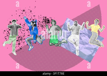 Verschiedene Gruppe junger Menschen, die vor Freude und Aufregung springen und Erfolg und Freiheit in einem lebendigen Collagen-Kunststil feiern Stockfoto