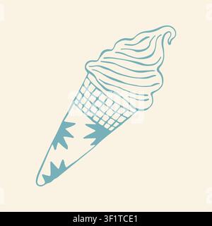 Vektorillustration von Soft-Serve-Frostenyoghurt, der hoch in eine Waffeltasche gewirbelt wird, mit Sternburst-Dekorationen. Handgezeichnetes blaues Linienkunst-Symbol für den Sommer Stock Vektor