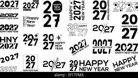 2027 Glückliches Neues Jahr Typografie-Logo-Sammlung, Moderne Schwarz-Weiß-Zahlen-Designs, Minimale Festliche Schriftarten Kreative Feier-Badges Bearbeitbar Stock Vektor