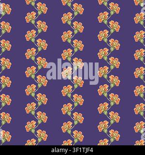 Vertikal gestreiftes Nahtlosmuster mit Ringelblumen auf violettem Hintergrund. Handgezeichnete Aquarell-Tagetes patula mit orangefarbener Blüte. Sommerliches Vintage-Design für Stoff oder Tapete. Herbstliches Textilmuster. Stockfoto
