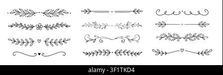 Linienflorales Ornamentblattset. Handgezeichneter Linienflorales Ornamentrahmen Rankendoodle Blumenrahmen Dekor. Lorbeer-Oliv-Trennlinie verschnörkelter Kranz botanisch Hochzeit Garten Vintage. Vektorillustration Stock Vektor