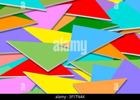 Farbenfrohe geometrische Dreiecke überlappen und erzeugen ein lebendiges abstraktes Muster mit Schatten Stockfoto