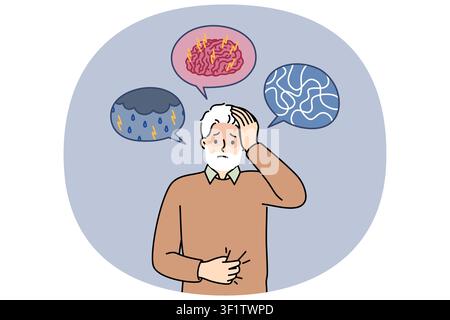 Demenz und alzheimer-Krankheit beim älteren Mann mit Hirnverwirrung und Kopfschmerzen. Der alte Großvater braucht wegen der Symptome von Demenz und Wetterempfindlichkeit ärztliche Hilfe. Stock Vektor