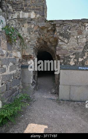 Alter Steineingangstunnel in historischen Festungsruinen mit verwittertem Mauerwerk Stockfoto