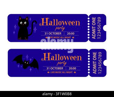 Halloween-Party-Ticket-Vorlagen-Set mit sübem schwarzer Katze und Fledermaus-Eintrittskarte-Einladungs-Coupon-Vektorillustration Stock Vektor